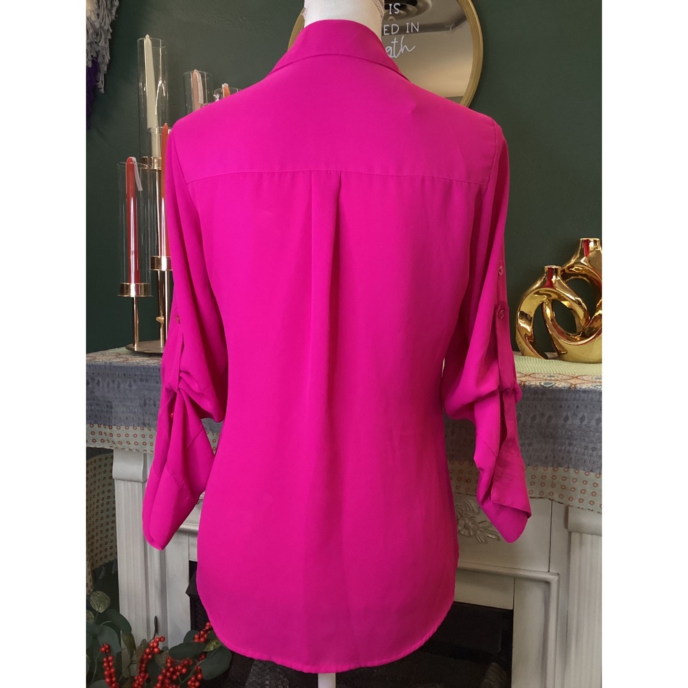 Express The Portofino Shirt Hot Pink Roll Tab Sleeve Button Down Blouse XS - Picture 3 of 5